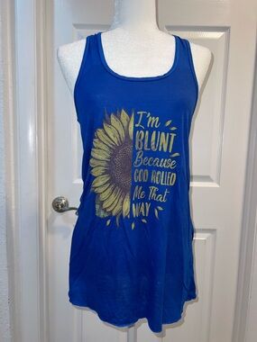 Bella Canvas Blue Racerback Tank with Yellow Sunflower & Text Graphic size XL